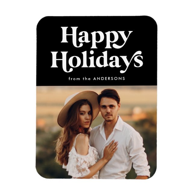 Imán Tipografía retro foto de Black Happy Holidays (Vertical)