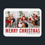 Imán Tipografía roja Feliz Navidad Tres Collages de fot<br><div class="desc">Feliz Navidad! ¡Traiga un toque de alegría navideña a su casa con nuestro imán de Navidades fotográficos de Personalizable! Perfecto para mostrar recuerdos preciados, este imán te permite personalizarlo con tu foto festiva favorita, haciéndolo un complemento único a tu decoración de vacaciones. Un regalo ideal para la familia y los...</div>