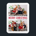 Imán Tipografía roja Feliz Navidad Tres Fotografía<br><div class="desc">Feliz Navidad! ¡Traiga un toque de alegría navideña a su casa con nuestro imán de Navidades fotográficos de Personalizable! Perfecto para mostrar recuerdos preciados, este imán te permite personalizarlo con tu foto festiva favorita, haciéndolo un complemento único a tu decoración de vacaciones. Un regalo ideal para la familia y los...</div>