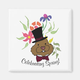 Imán Top Hat Bow Tie Spring Flowg Groundhog