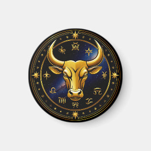 Imán Toro dorado dentro de una rueda zodiacal circular