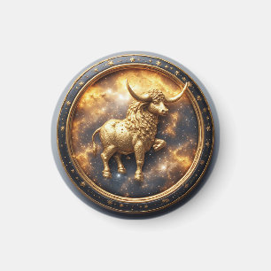 Imán Toro dorado dentro de una rueda zodiacal circular