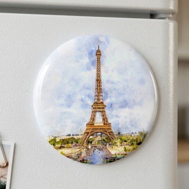 Imán Torre Eiffel al atardecer París acuarela francesa (Sunset Eiffel Tower Paris French Watercolor. Magnet)