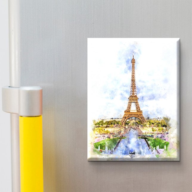 Imán Torre Eiffel Atardecer París Acuarela Francesa (Sunset Eiffel Tower Paris French Watercolor. Magnet)