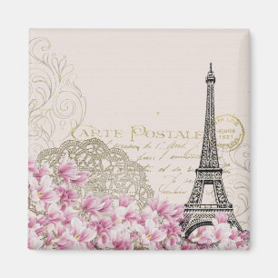 Imán Torre Eiffel de época con flores silvestres rosas