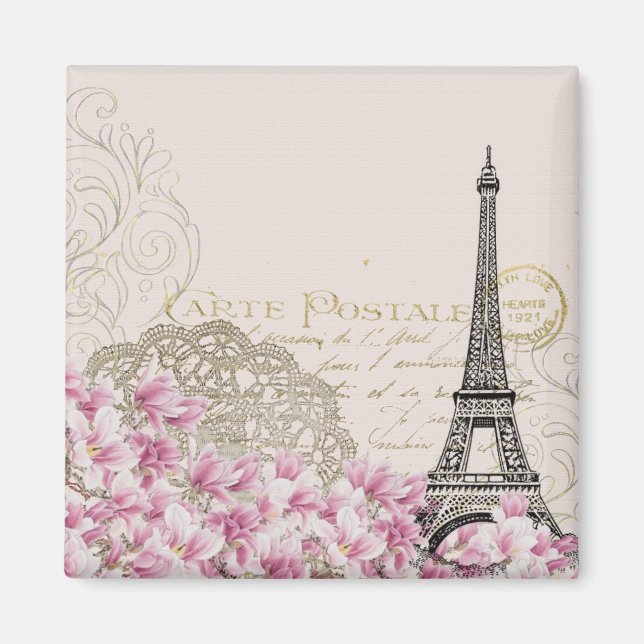 Imán Torre Eiffel de época con flores silvestres rosas (Frente)