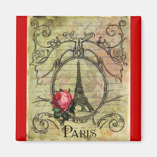 Imán Torre Eiffel de París y Steampunk Rosa Roja (Frente)