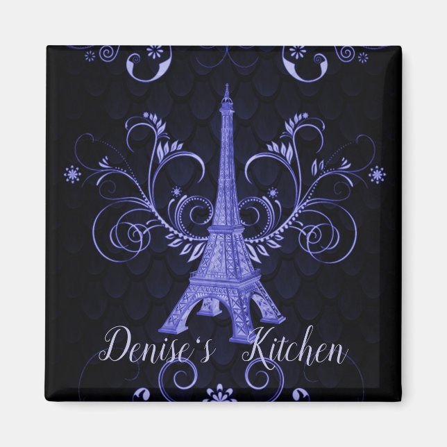 Imán Torre Eiffel Púrpura Floral Swirls Magnet (Frente)