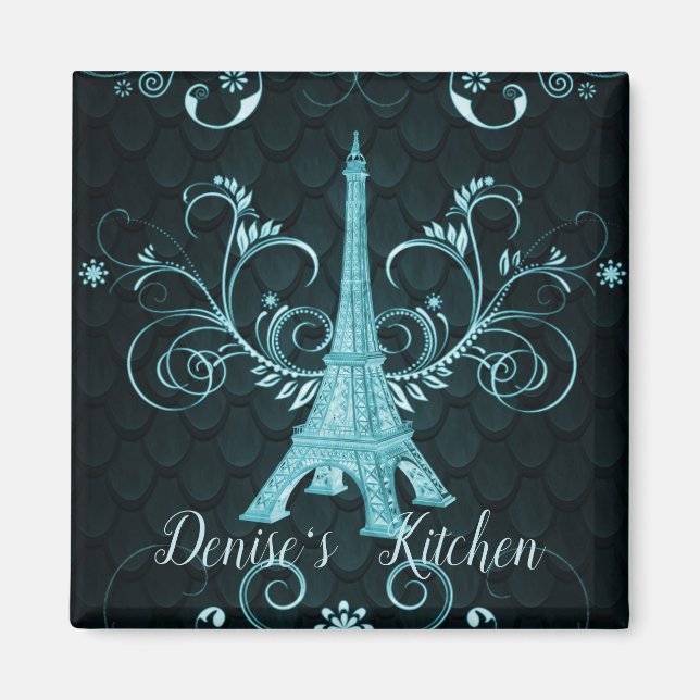 Imán Torre Eiffel Verde azulado Swirls Floral Magnet (Frente)
