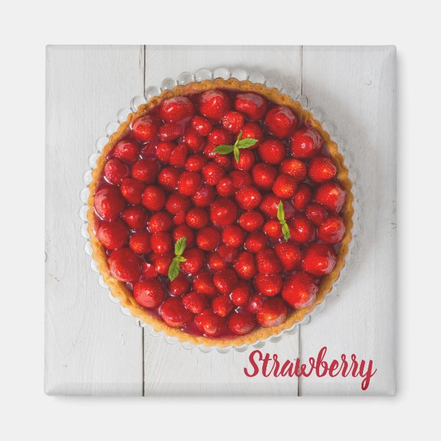 Imán Torta de fresa con menta en madera blanca (Frente)