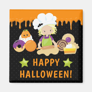 Imán Tortas de Halloween y chica rubia horneando