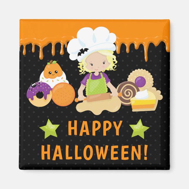 Imán Tortas de Halloween y chica rubia horneando (Frente)
