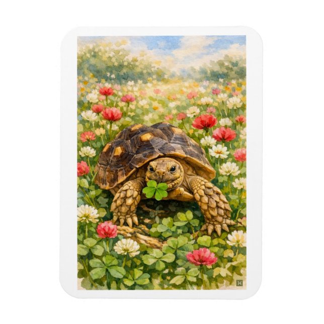 Imán Tortuga acuarela con trébol de la suerte (Vertical)