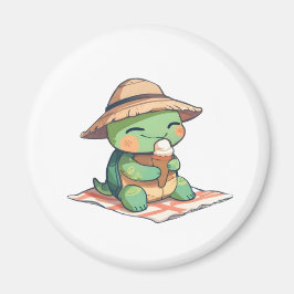 Imán Tortuga Kawaii Chibi con Sombrero de Paja Comiendo