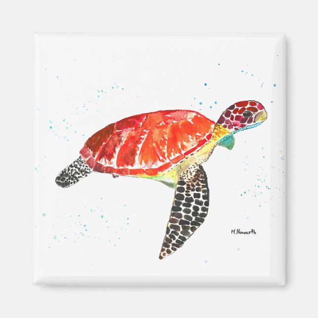 Imán Tortuga marina naranja acuarela costera tropical (Frente)