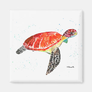 Imán Tortuga marina naranja acuarela tropical costera