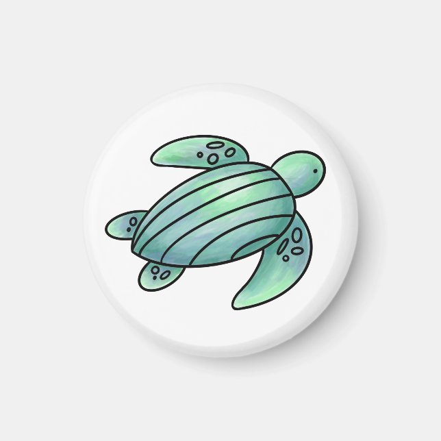 Imán tortuga marina pintada con acuarela azul verde de  (Frente)