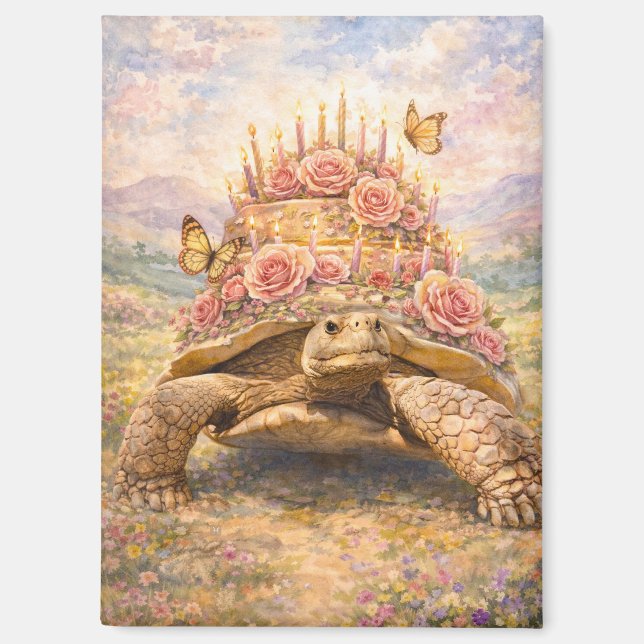 Imán Tortuga Sulcata de rosas de cumpleaños y mariposas (Anverso)