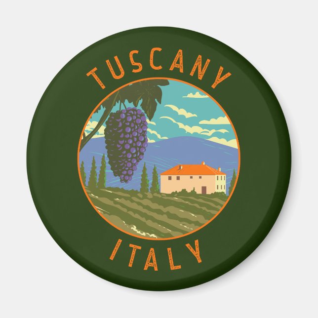 Imán Toscana Italia Vineyard Molestias Círculo Vintage (Frente)