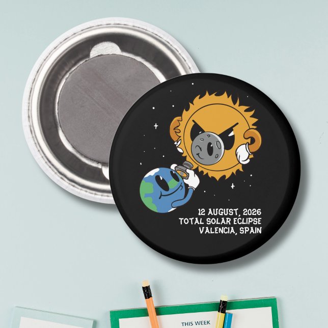 Imán Total Solar Eclipse 2026 Spain Photobomb (Change city to personalize.  All text editable, matching items available)
