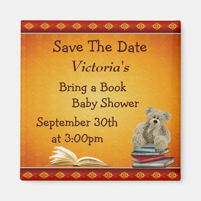 Imán Traer un libro Teddy Baby Shower Guardar la fecha (Frente)