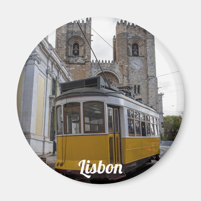 Imán Tranvía amarillo en la Catedral de Lisboa en Portu (Frente)