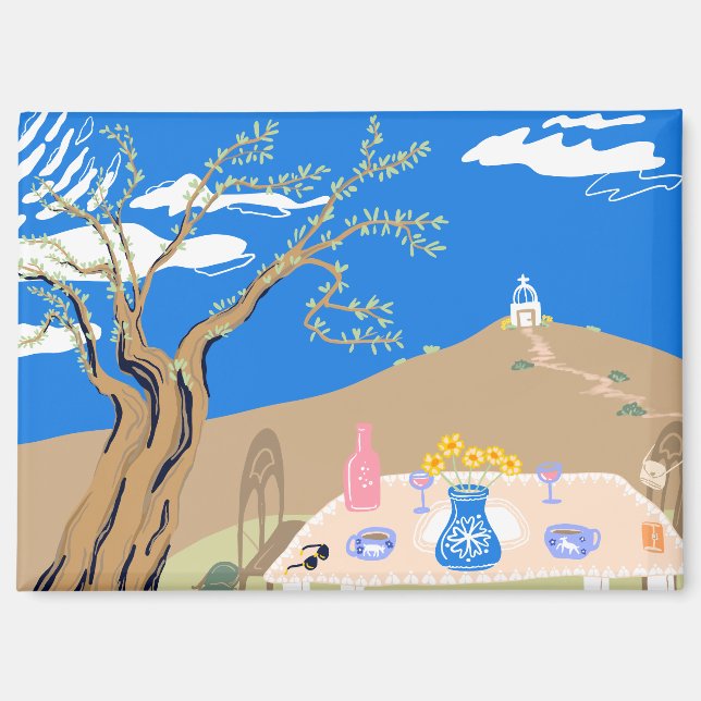 Imán Travel keepsake Greek afternoon olive tree scene (Anverso)