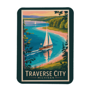 Imán Traverse City Michigan Ilustracion Viajes Arte