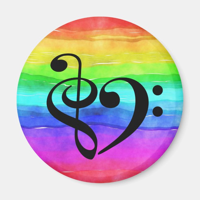 Imán Treble Clef Bass Clef Hearf Rainbow Watercolor (Frente)