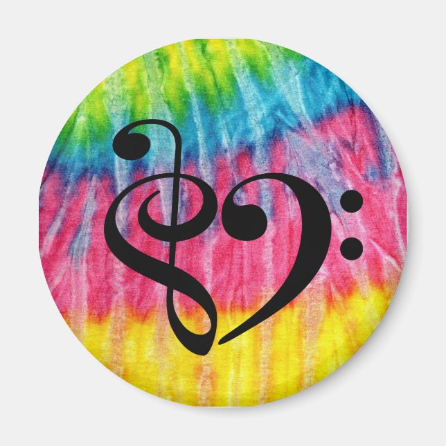 Imán Treble Clef Bass Clef Heart Retro Hippie Tie-Dye (Frente)