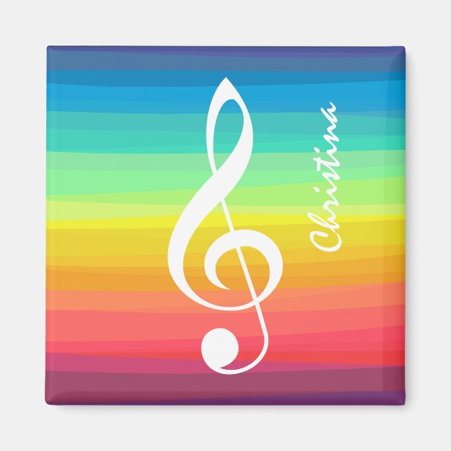 Imán Treble Clef con acuarela de arcoiris personalizada (Frente)