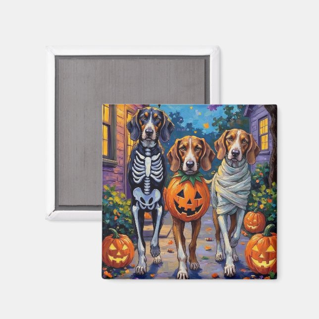 Imán Treeing Walker Coonhound con disfraces de Hallowee (Anverso/Reverso)