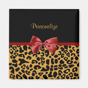 Imán Trendy Black and Gold Leopard Print Red Ribbon Bow