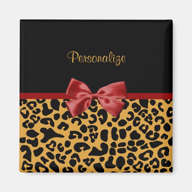 Imán Trendy Black and Gold Leopard Print Red Ribbon Bow (Frente)