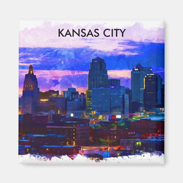 Imán Trendy Kansas City Skyline Travel Watercolor (Frente)