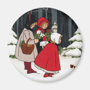 Imán Tres chicas con navidad del vintage del muérdago