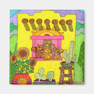 Imán Tres gatos en una casa de Adobe amarilla