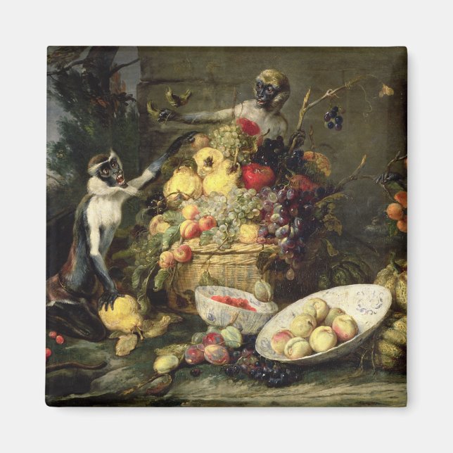 Imán Tres monos robando fruta (aceite sobre lienzo) (Frente)