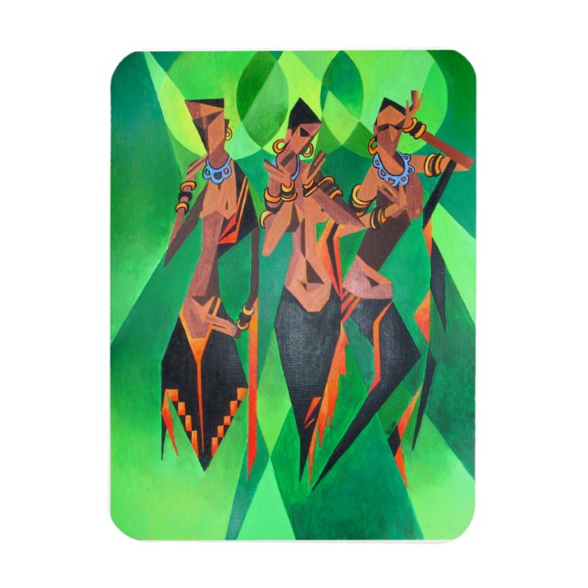 Imán Tres mujeres negras tradicionales étnicas bailando (Vertical)