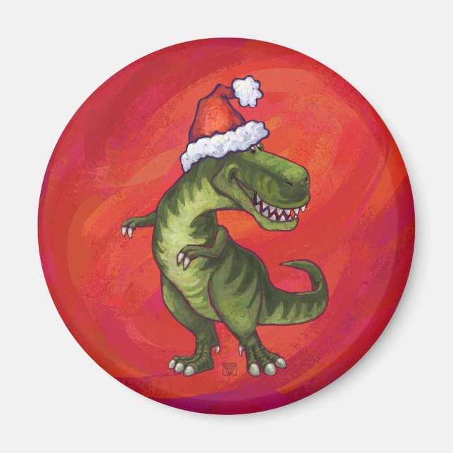 Imán TRex Dino en Santa Hat en Red (Frente)