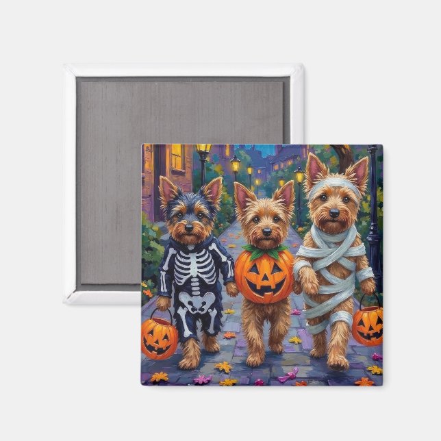 Imán Tricio de Terrier Australiano en Halloween (Anverso/Reverso)