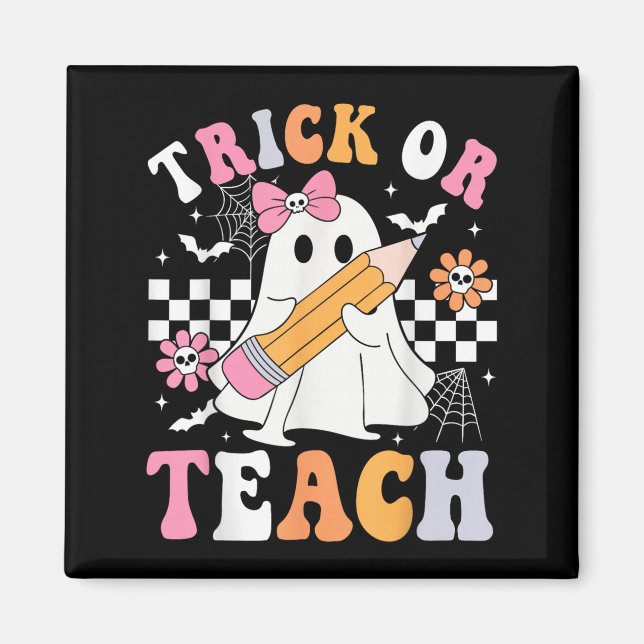 Imán Trick O Teach Groovy Teacher Halloween Retro Flor (Frente)