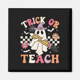 Imán Trick Or Teach Groovy Teacher Halloween Retro Flor