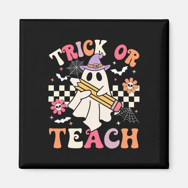 Imán Trick Or Teach Groovy Teacher Halloween Retro Flor (Frente)
