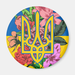 Imán Tridente ucraniano y bandera de Ucrania con flores