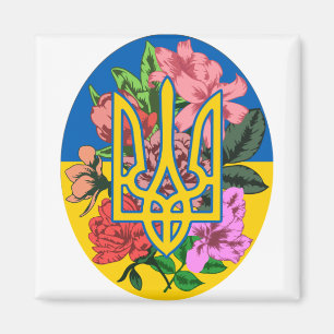 Imán Tridente ucraniano y bandera de Ucrania con flores