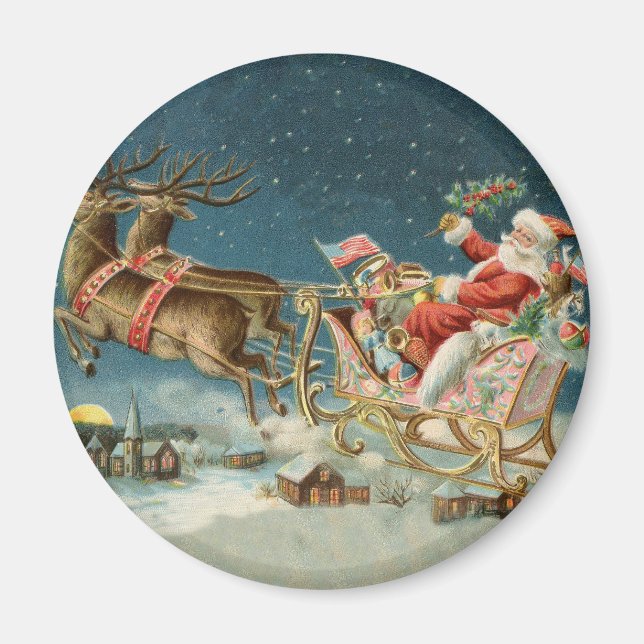Imán Trineo Antiguo de Navidad de Santa Claus Reno (Frente)