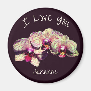 Imán Trío de flores de orquídea personalizadas 'Te amo'
