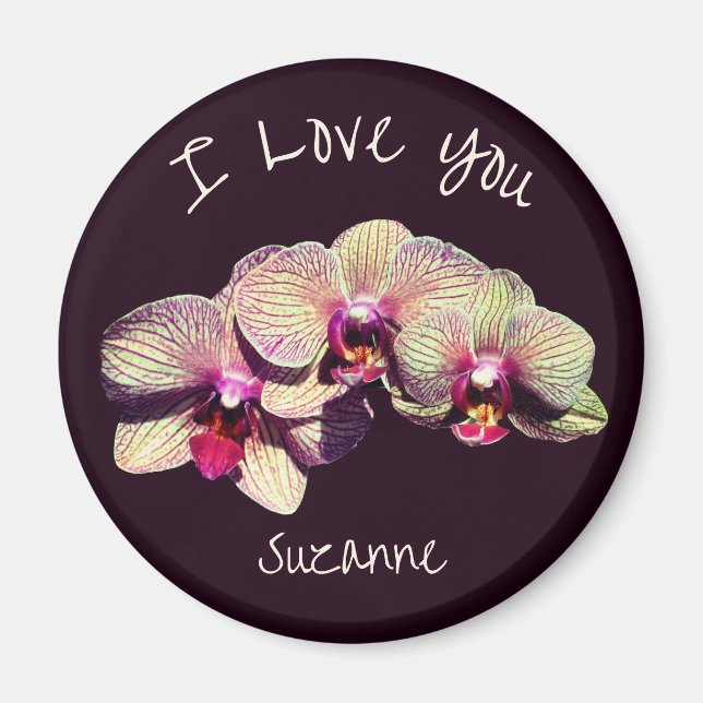 Imán Trío de flores de orquídea personalizadas 'Te amo' (Frente)