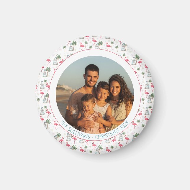 Imán Tropical Christmas Pink Flamingo Family Photo (Frente)